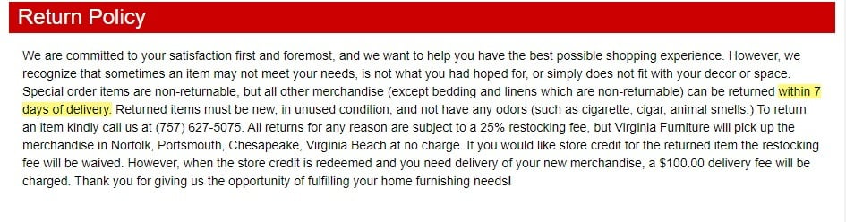 Virginia Furniture Company Return Policy excerpt