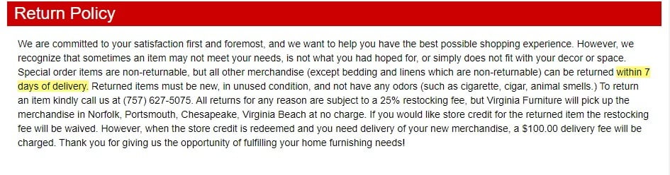 Virginia Furniture Company Return Policy excerpt