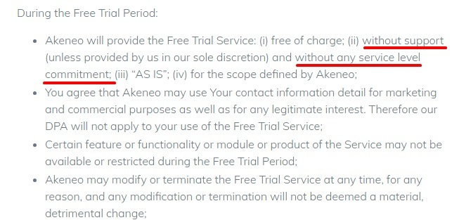 Akeneo Free Trial Terms and Conditions: Service level provided section excerpt