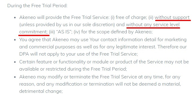 Akeneo Free Trial Terms and Conditions: Service level provided section excerpt