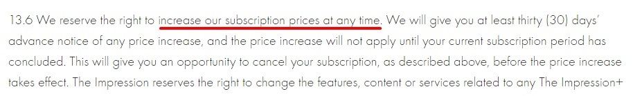 The Impression Terms and Conditions: Increase prices section
