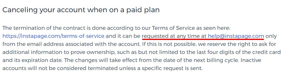 Instapage Termination of Contract - Canceling your account when on a paid plan section