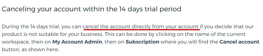 Instapage Termination of Contract - Canceling your account within 14 days trial period section