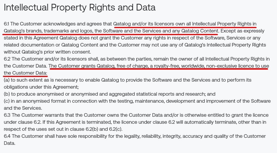 Qatalog Terms of Service Agreement: Intellectual Property Rights and Data clause