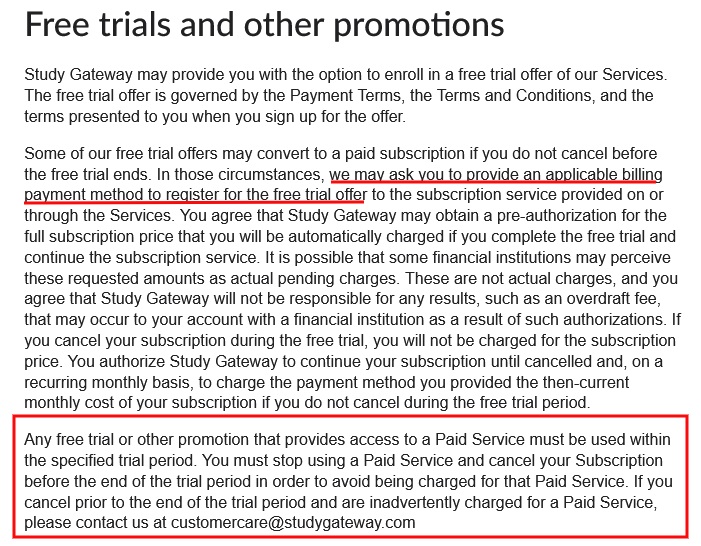 Study Gateway Subscription Payment Terms: Free Trials and Other Promotions clause