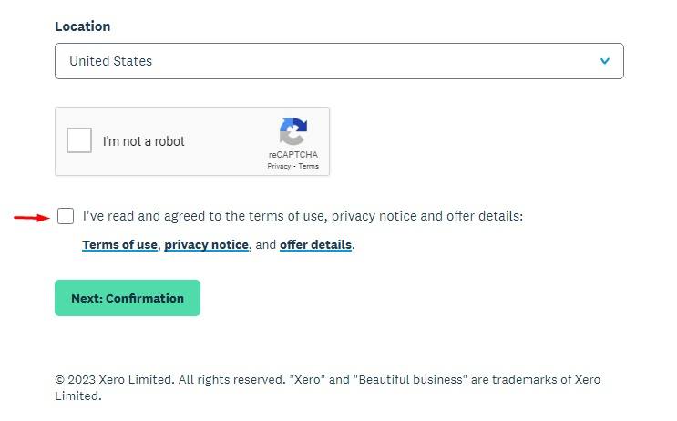 Xero sign-up form with checkbox highlighted