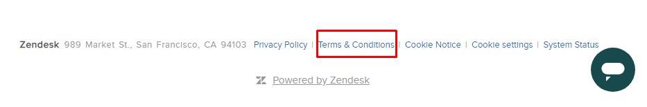 Zendesk website footer with Terms and Conditions link highlighted