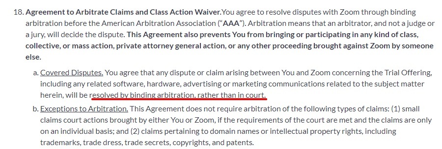 Zoom Free Trial Terms of Service: Arbitration clause excerpt