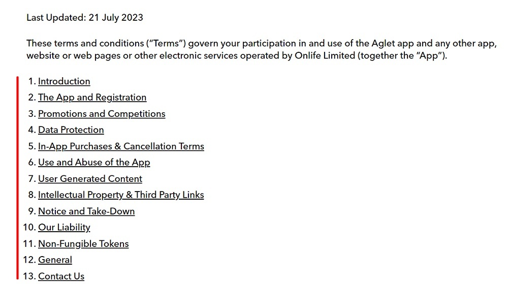 Aglet Terms of Use Table of Contents