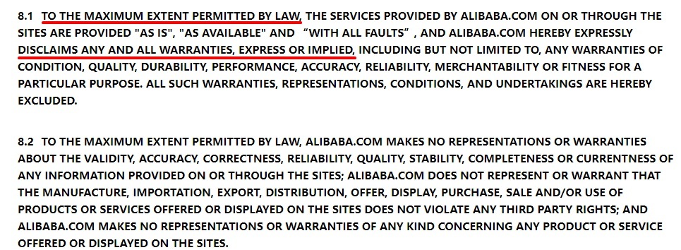 AliExpress Terms of Use: Warranty Disclaimer