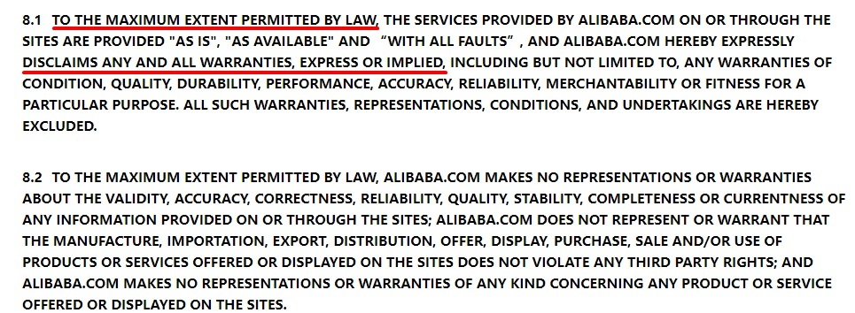 AliExpress Terms of Use: Warranty Disclaimer