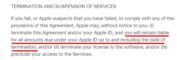 Apple Media Services Terms and Conditions: Termination and Suspension of Services clause