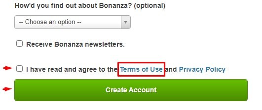 Bonanza Create Account form with Agree checkbox and Terms of Use link highlighted