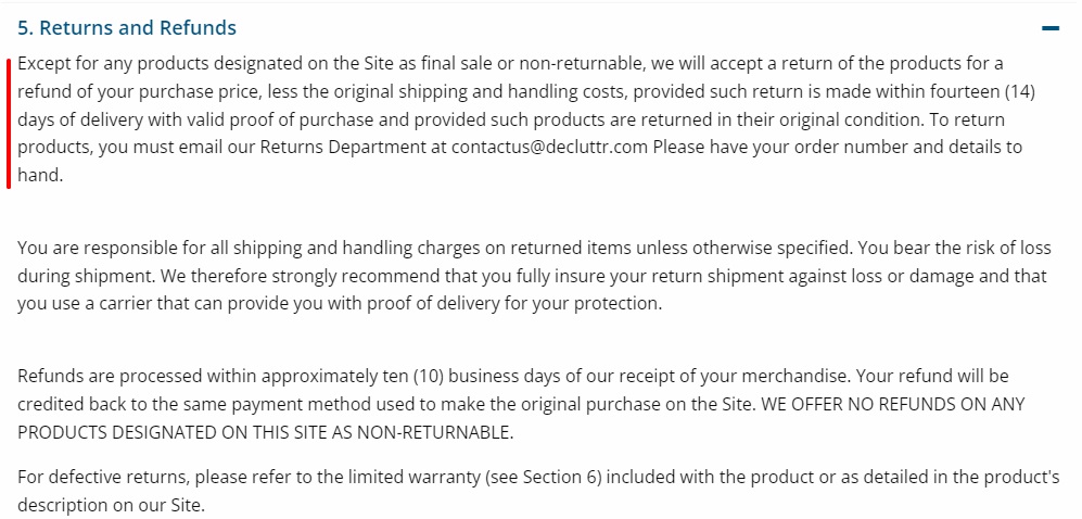 Decluttr Terms and Conditions: Returns and Refunds clause