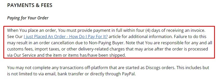 Discogs Buyer Policy: Payments and Fees clause