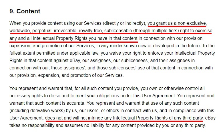 eBay User Agreement: Content clause - Intellectual property