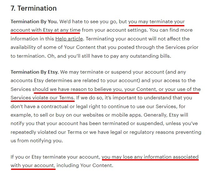 Etsy Terms of Use: Termination clause