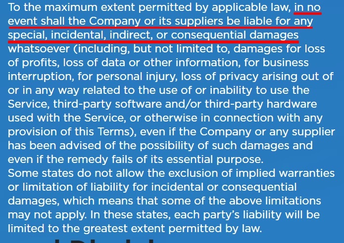 Executive Council of Homeowners Terms and Conditions: Limitation of Liability clause