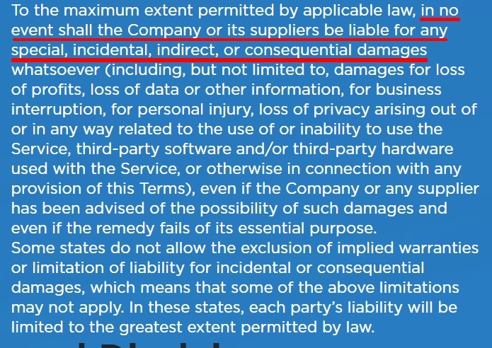 Executive Council of Homeowners Terms and Conditions: Limitation of Liability clause