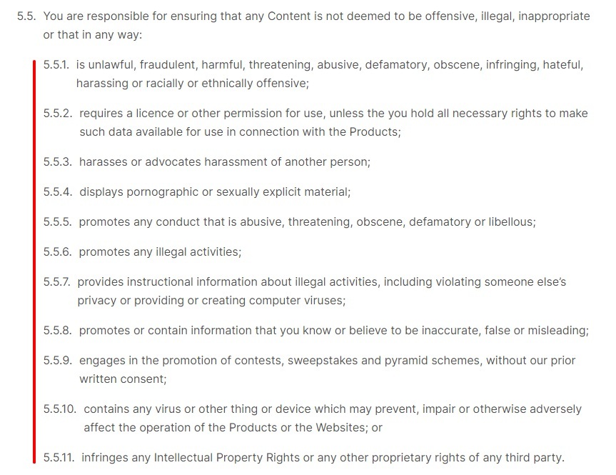 Generic Terms of Use Prohibited Activities clause