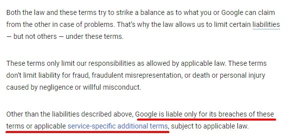 Google Terms of Service: Limit of liability section
