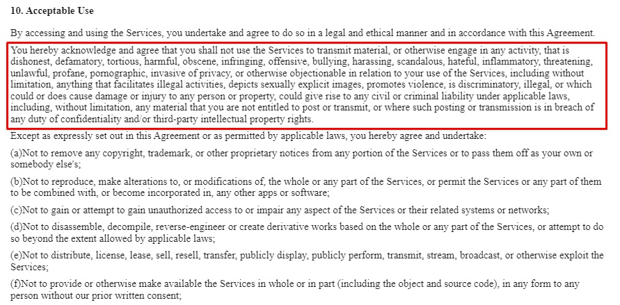 HUAWEI In-App Purchases User Agreement: Acceptable Use clause