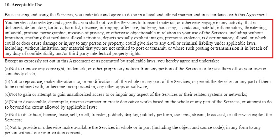 HUAWEI In-App Purchases User Agreement: Acceptable Use clause