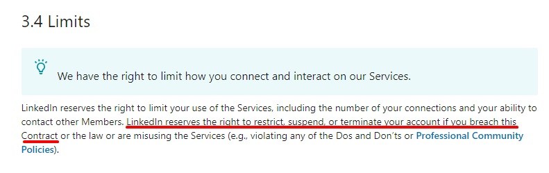 LinkedIn User Agreement: Limits - Termination clause