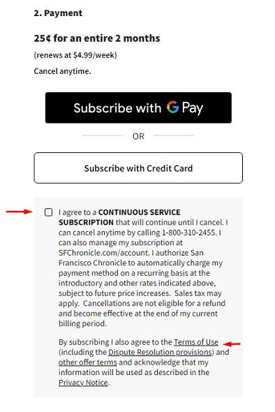San Francisco Chronicle subscription form with Agree checkbox and Terms link highlighted
