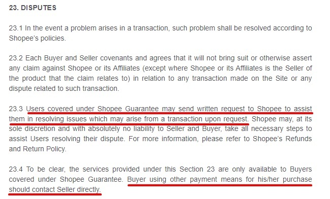 Shopee Terms of Service: Disputes clause