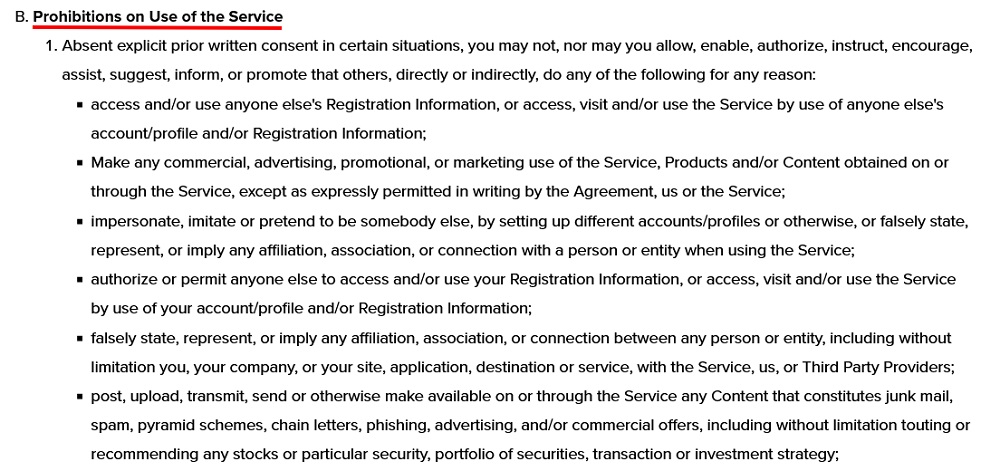 Sports Business Journal User Agreement: Prohibitions on Use of the Service clause excerpt