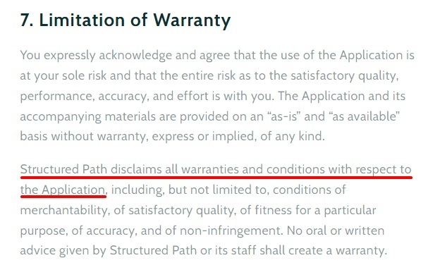 Structured Path Terms and Conditions: Limitation of Liability clause