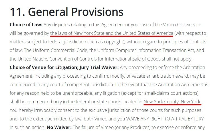 Vimeo Terms and Conditions: General Provisions clause