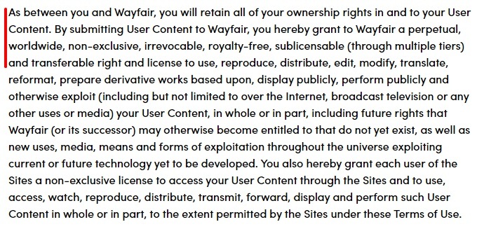 Wayfair Terms of Use: Intellectual Property clause