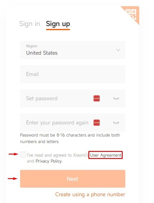 Xiaomi create account form with User Agreement checkbox highlighted