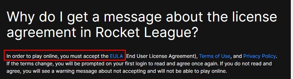 Epic Games Help page with EULA link highlighted