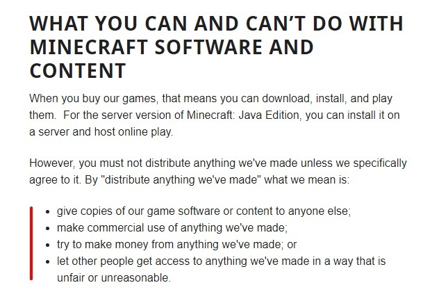 Minecraft EULA: What you can and cannot do clause excerpt