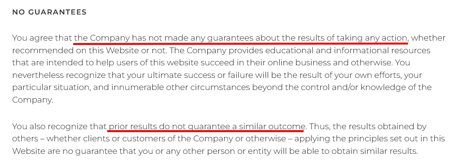 Amy Porterfield Earnings Disclaimer - No guarantees section