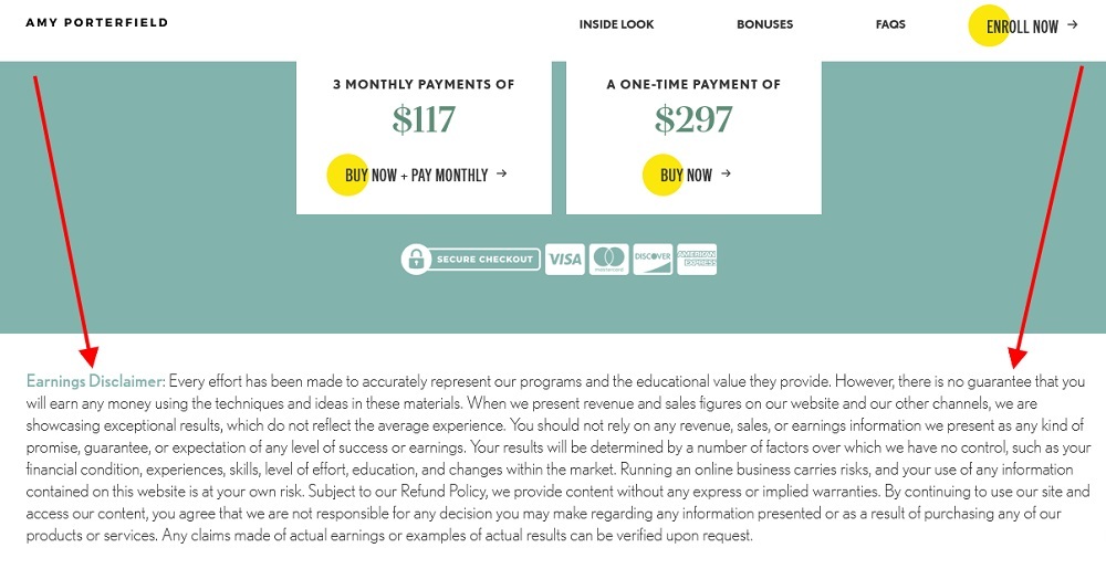 Amy Porterfield Marketing page with earnings disclaimer text highlighted