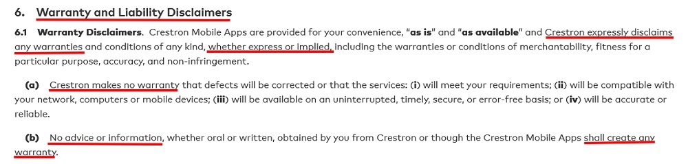 Crestron Mobile App Terms of Service and Privacy Policy: Warranty Disclaimers clause