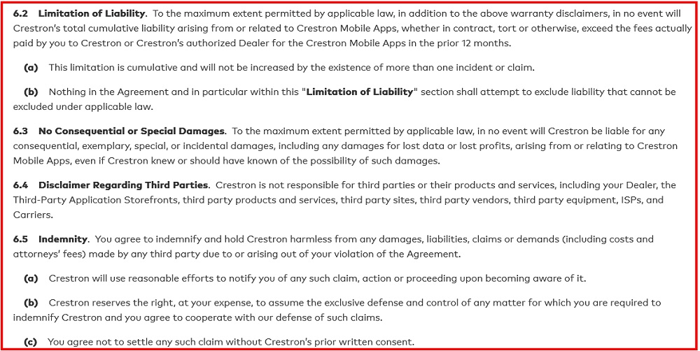 Crestron Mobile App Terms of Service and Privacy Policy: Warranty Disclaimers - Limtation of Liability clause