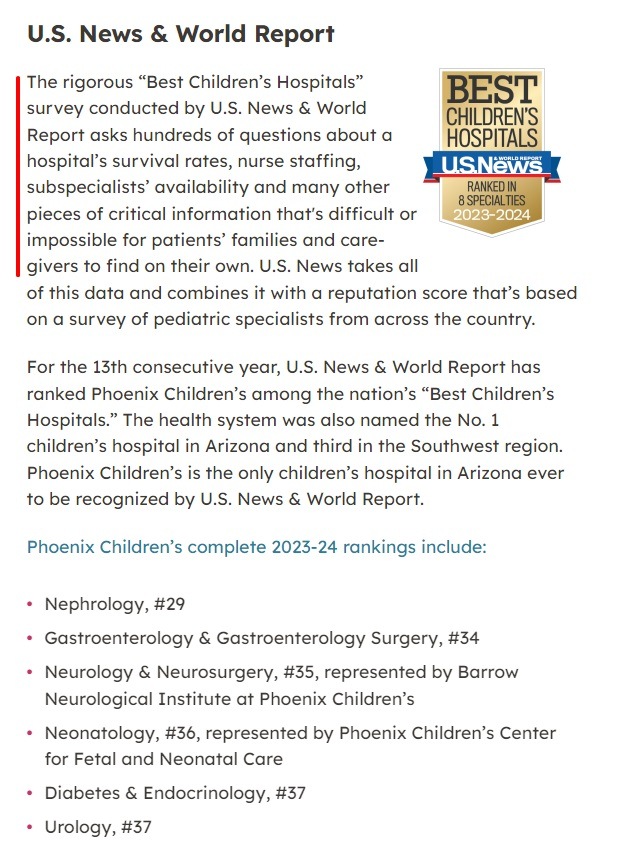 Phoenix Childrens Hospital About Us page excerpt