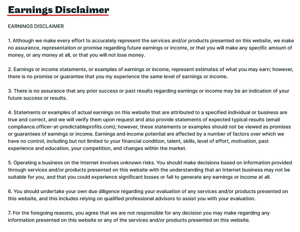 Predictable Profits earnings disclaimer