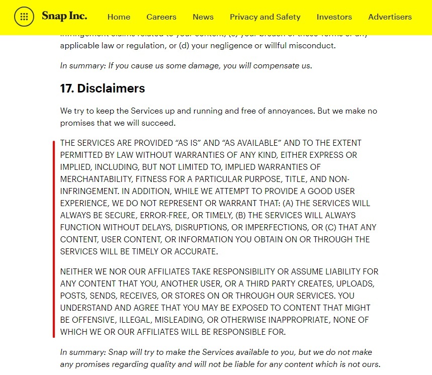 Snap Terms of Service: Disclaimers clause