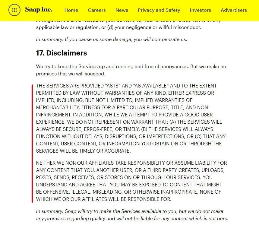 Snap Terms of Service: Disclaimers clause