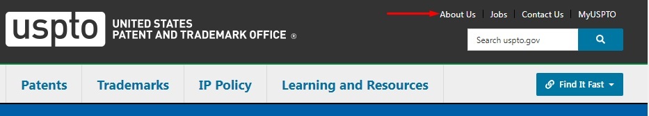 USPTO website header with About Us link highlighted