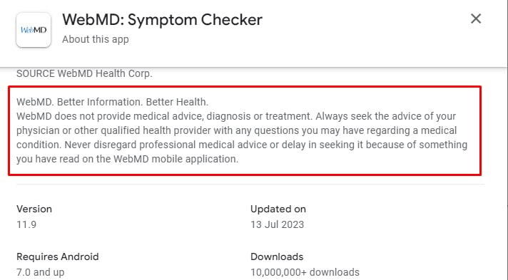 WedMD app store listing with medical disclaimer highlighted