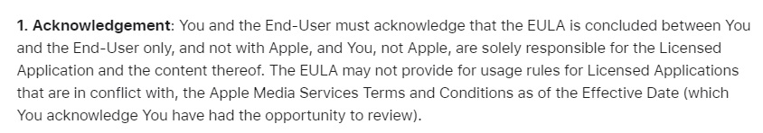 Apple Instructions for Minimum Terms of Developer's End-User License Agreement: Acknowledgement section