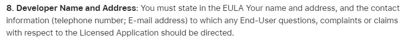 Apple Instructions for Minimum Terms of Developer's End-User License Agreement: Developer Name and Address section