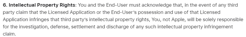 Apple Instructions for Minimum Terms of Developer's End-User License Agreement: Intellectual Property Rights section